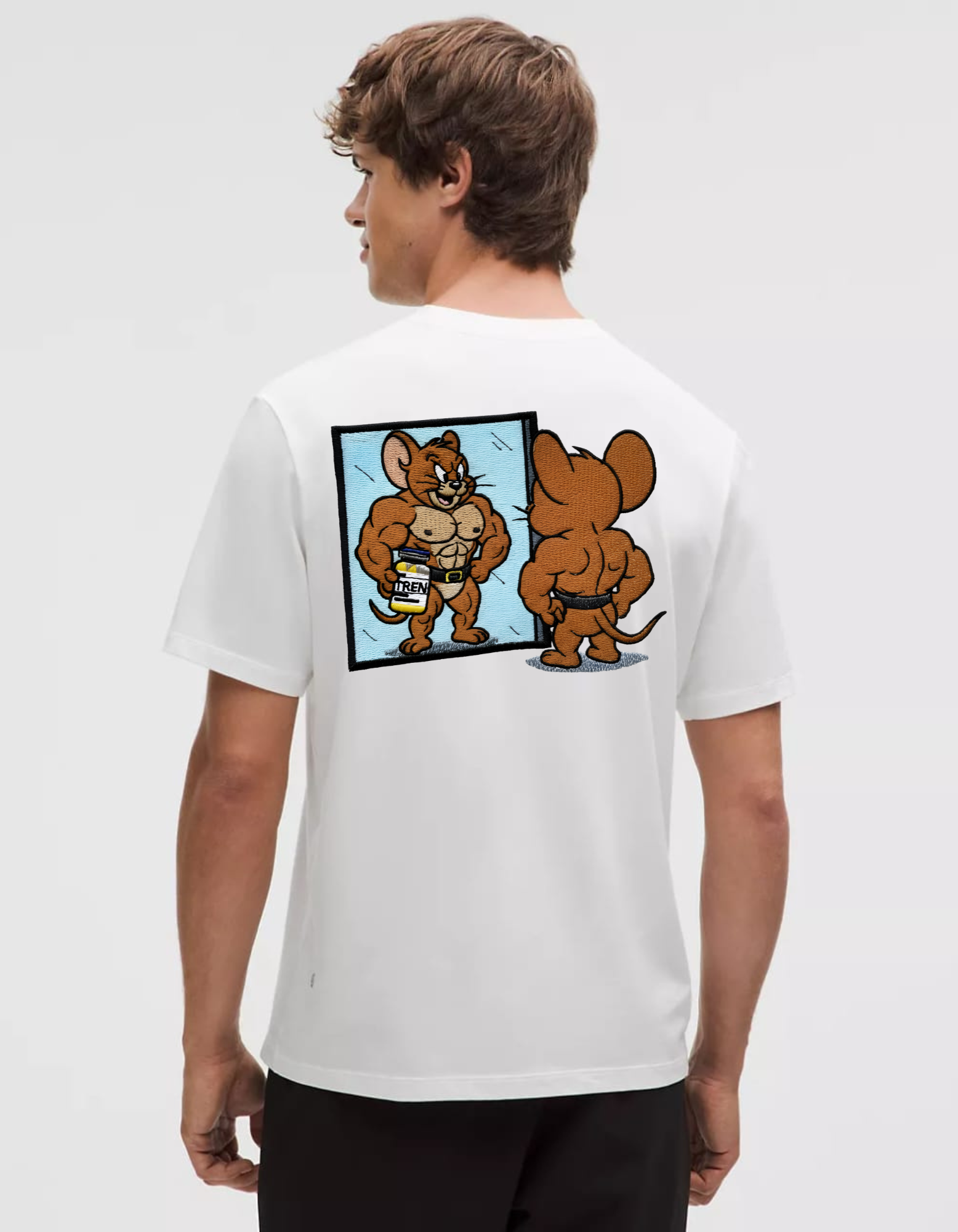 Jerry Flexing Embroidery Print T-Shirt – Cartoon Gym Style Tee Back Side Desgin