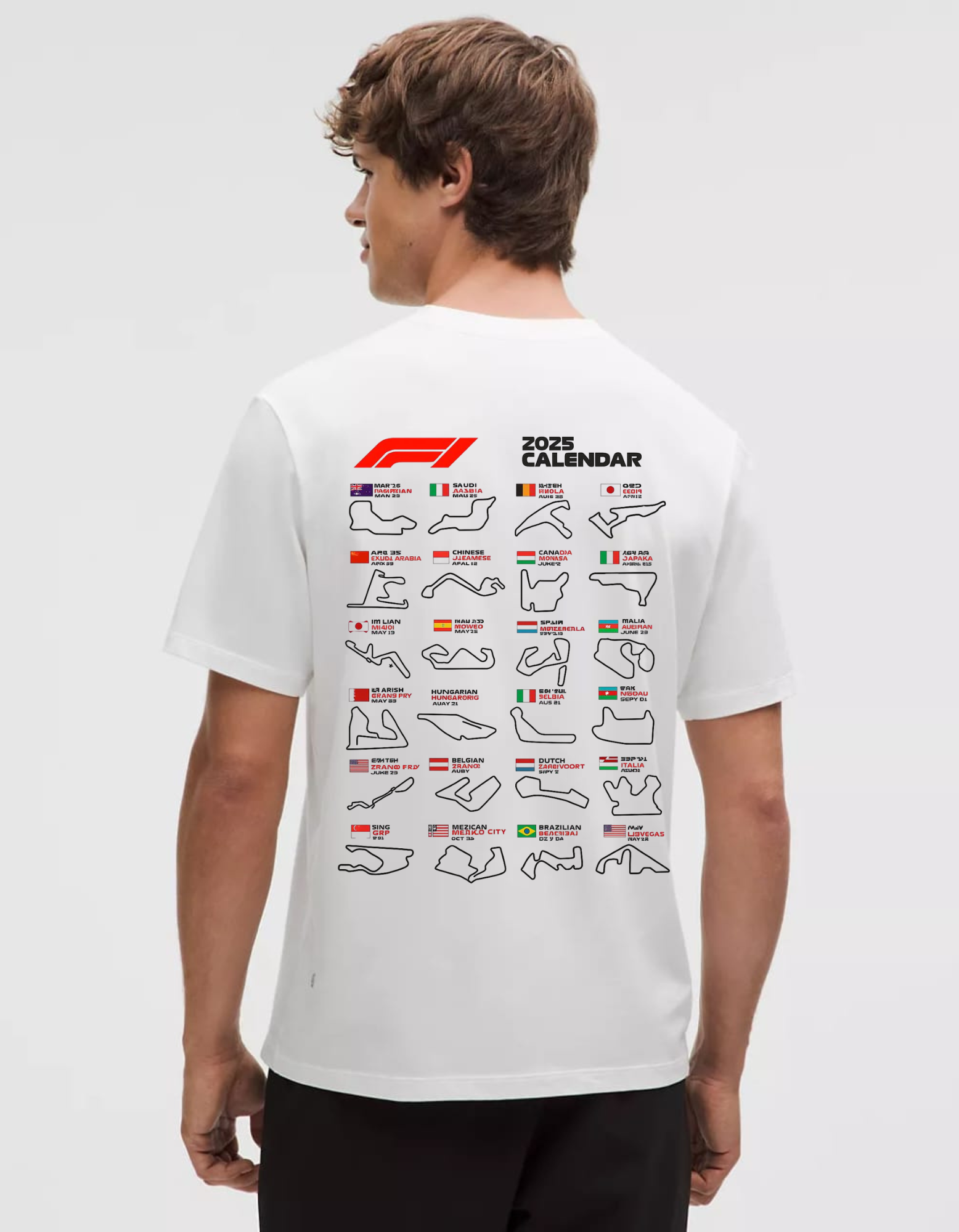 F1 2025 Race Calendar Graphic T-Shirt – Formula 1 Circuits Print Tee
