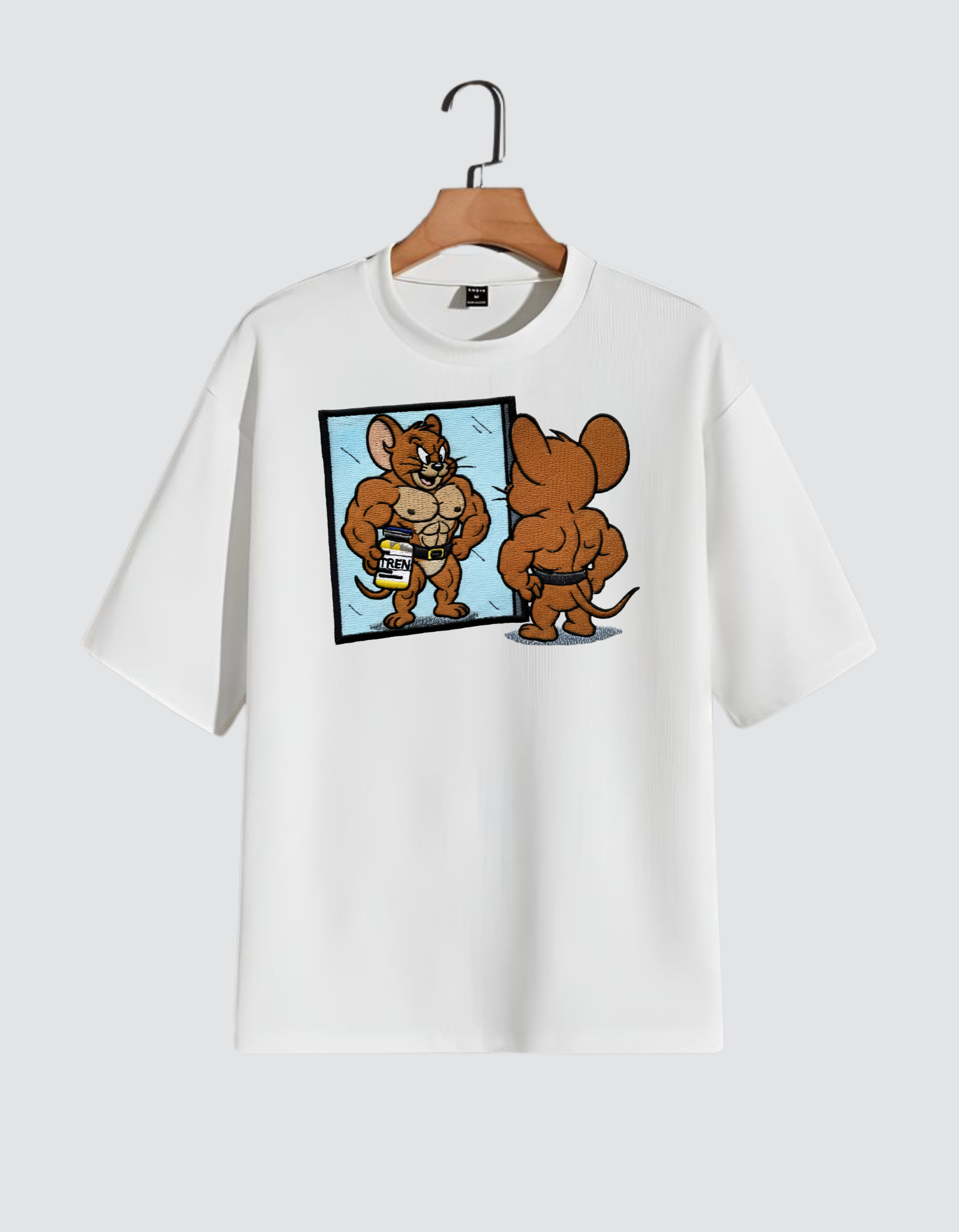 Oversized Embroidered Cartoon Gym Mouse Mirror T-Shirt