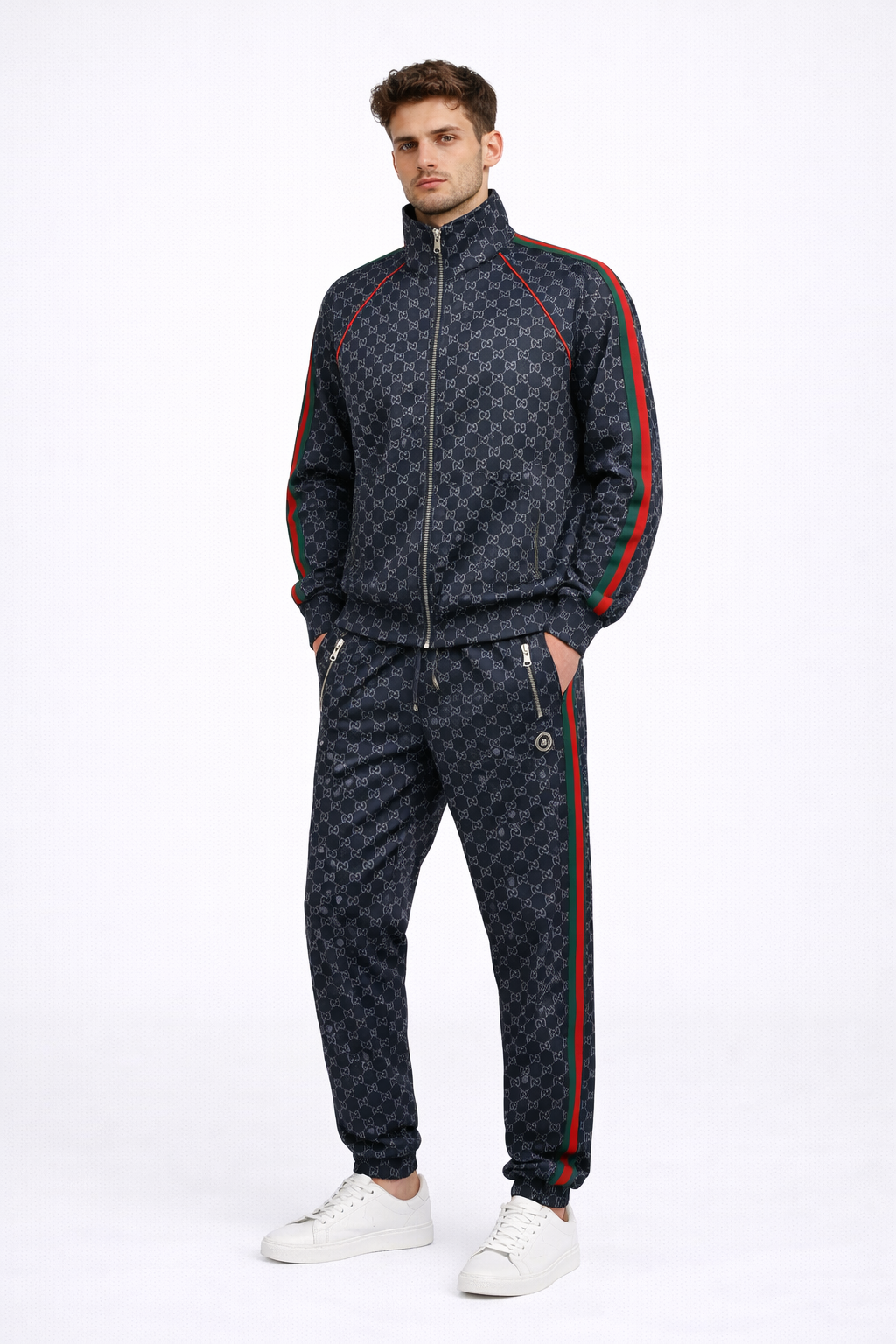 Gucc i Monogram Allover Print Super Premium Black Track Suit With Brand Carry Bag Packing F3379-BL