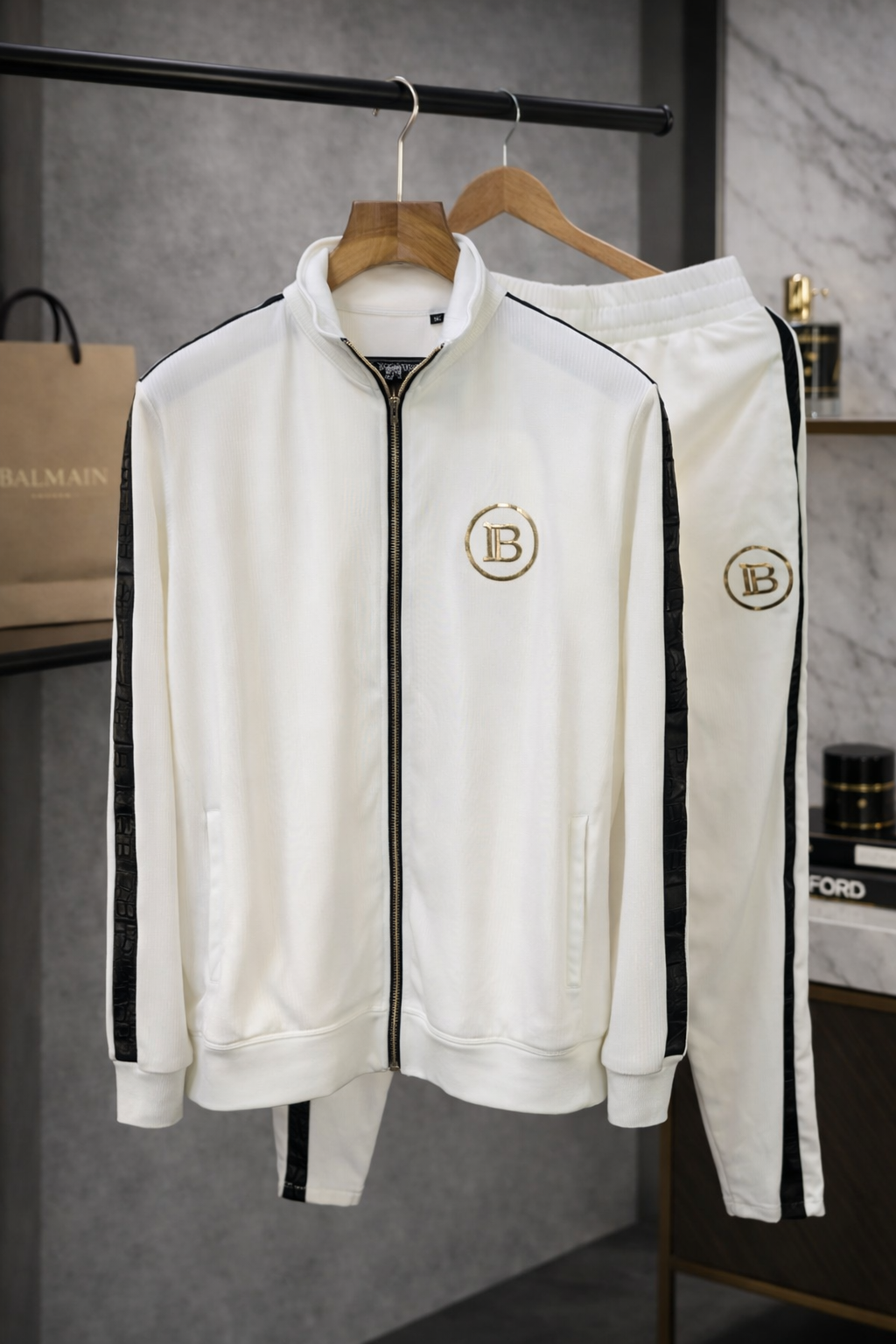 Balmai n Paris White Embossed Print Premium Track Suit Brand Carry Bag Packing