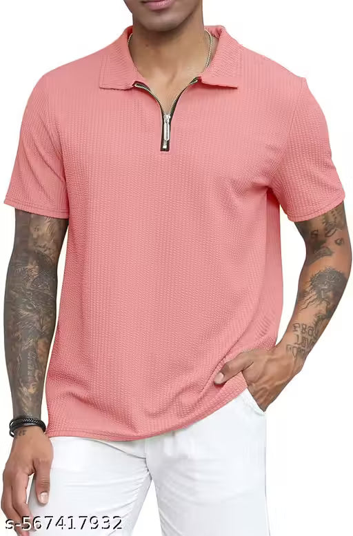 Men's Solid Zip Neck Cotton Blend Polo T-shir