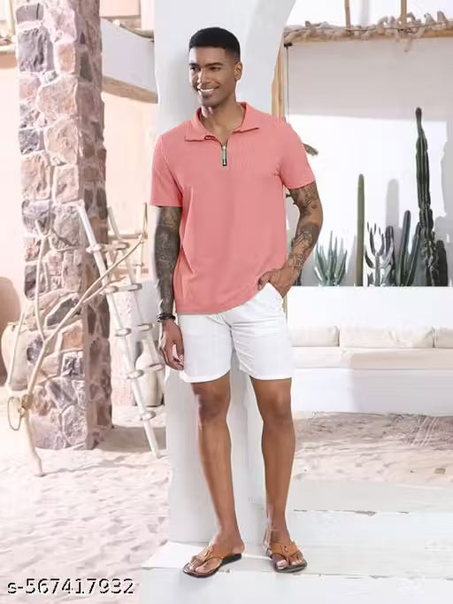 Men's Solid Zip Neck Cotton Blend Polo T-shir